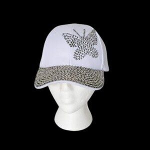 NWT Papillon Butterfly White Baseball Cap Hat w Bling Silver Studs